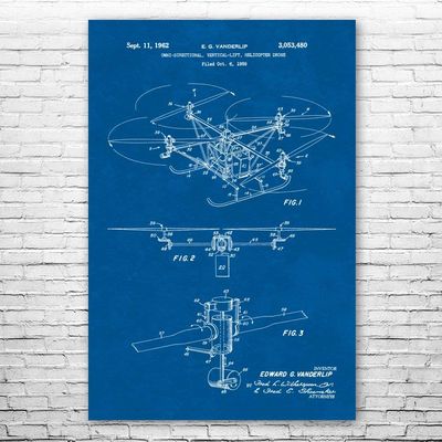 Quadcopter Drone Poster Print, Drone Pilot Gift, Drone Blueprint, Aviation Wall Art, Quadcopter Decor, Aeronautics Art Blueprint (24 inch x 36 inch)