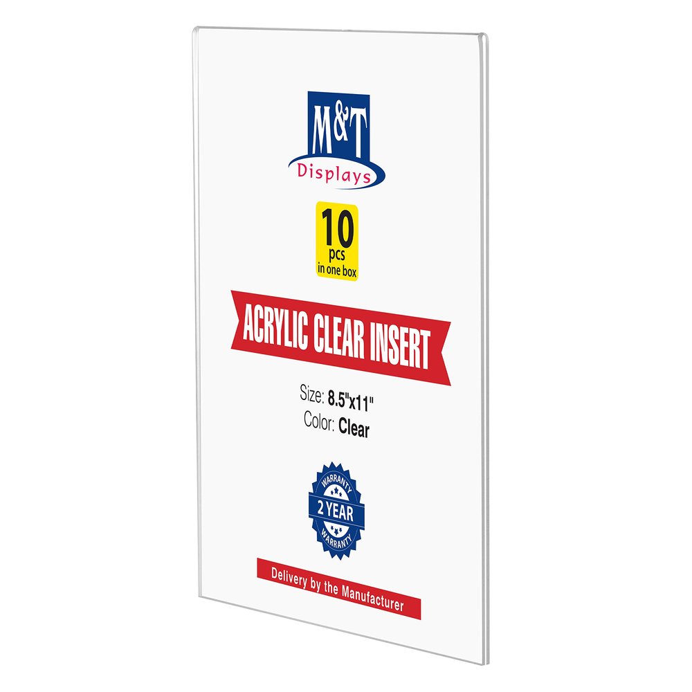 M&T Displays Acrylic U Shape Pocket 8.5x11 inch Clear Reusable Poster Advertising Brochure Paper Sign Holder for Wood Menu and Card Holders Portrait Indoor (10 pack)