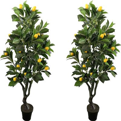 AMERIQUE Pair 4 Feet Gorgeous & Lifelike Six-Branch Artificial Trees with Various Size Lemon Fruits, with Nursery Pot, Real Touch Tech, 48", Yellow and Green, 4 Count