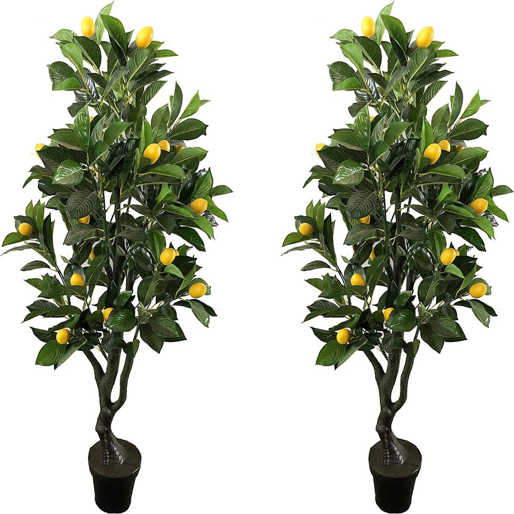 AMERIQUE Pair 4 Feet Gorgeous & Lifelike Six-Branch Artificial Trees with Various Size Lemon Fruits, with Nursery Pot, Real Touch Tech, 48", Yellow and Green, 4 Count