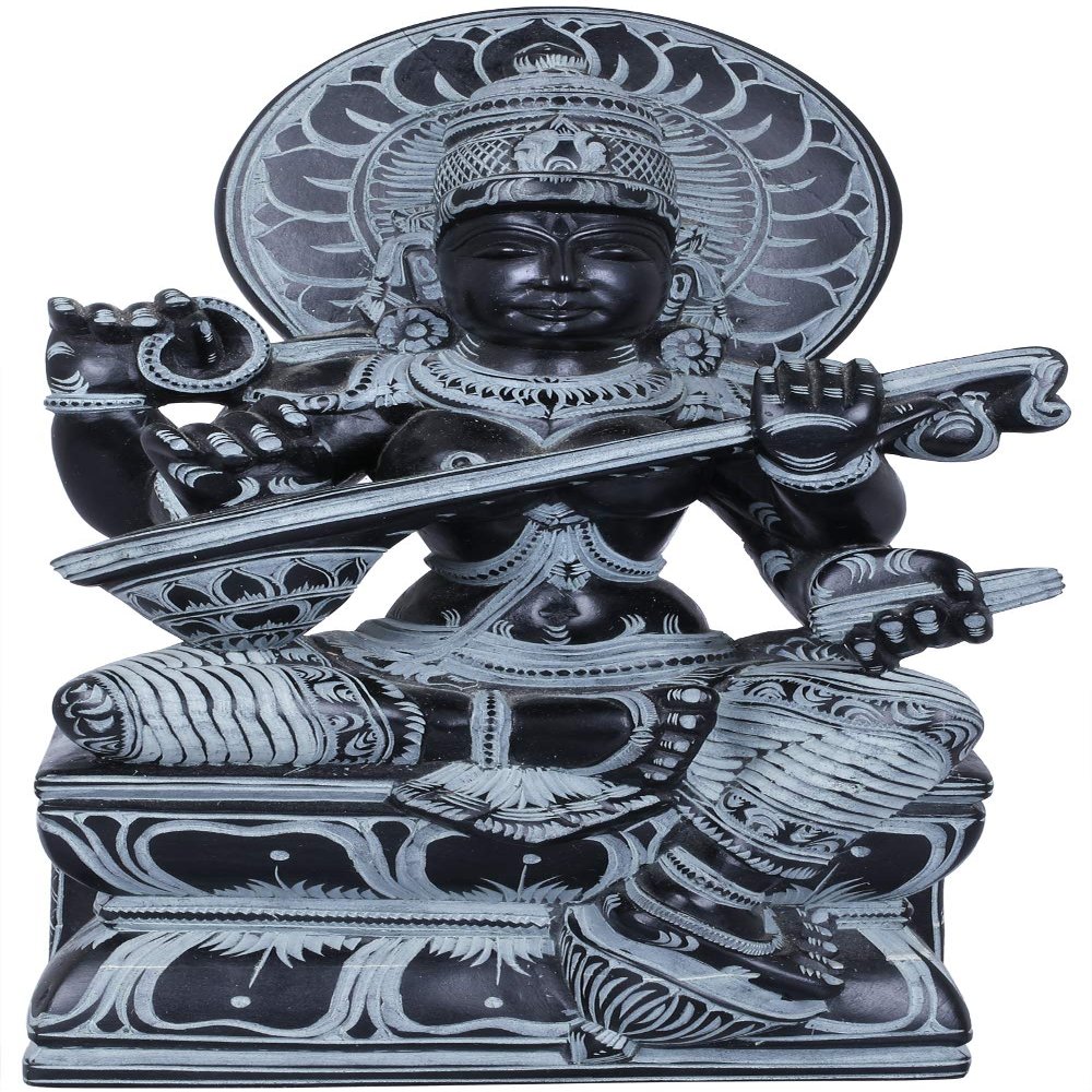 Goddess Saraswati with Lotus Aureole - Stone Statue from South India (Mahabalipuram)