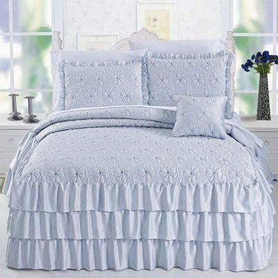 4 Piece French Country Light Blue Bedspread Set Fabulous Triple Row Matte Satin Ruffle Ruched Textured Floral Bedspreads King Size Glamorous Look Subtle Sheen Fashionable Girls Shabby Chic Bedding Set