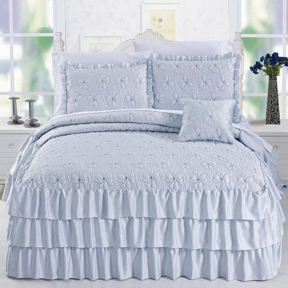 4 Piece French Country Light Blue Bedspread Set Fabulous Triple Row Matte Satin Ruffle Ruched Textured Floral Bedspreads King Size Glamorous Look Subtle Sheen Fashionable Girls Shabby Chic Bedding Set