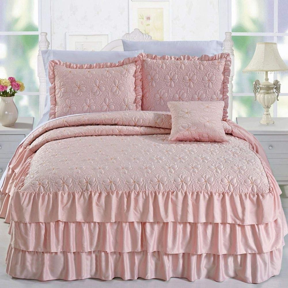 4 Piece French Country Blush Pink Bedspread Set Fabulous Triple Row Matte Satin Ruffle Ruched Textured Floral Bedspreads King Size Glamorous Look Subtle Sheen Fashionable Girls Shabby Chic Bedding Set
