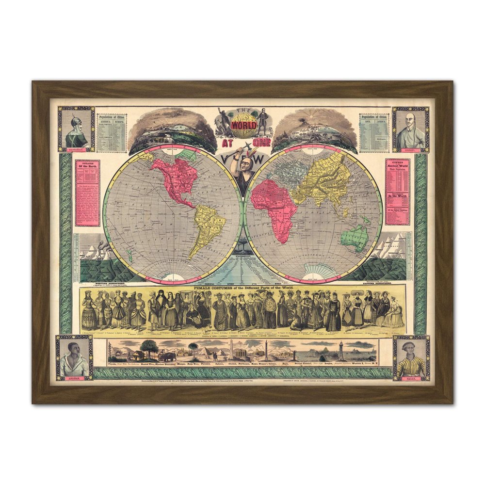 Artery8 Map Phelps 1852 World One View Statistical Artwork Framed Wall Art Print 18X24 Inch