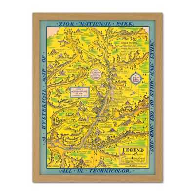 Artery8 Map Lindgren 1939 Zion National Park Artwork Framed Wall Art Print 18X24 Inch
