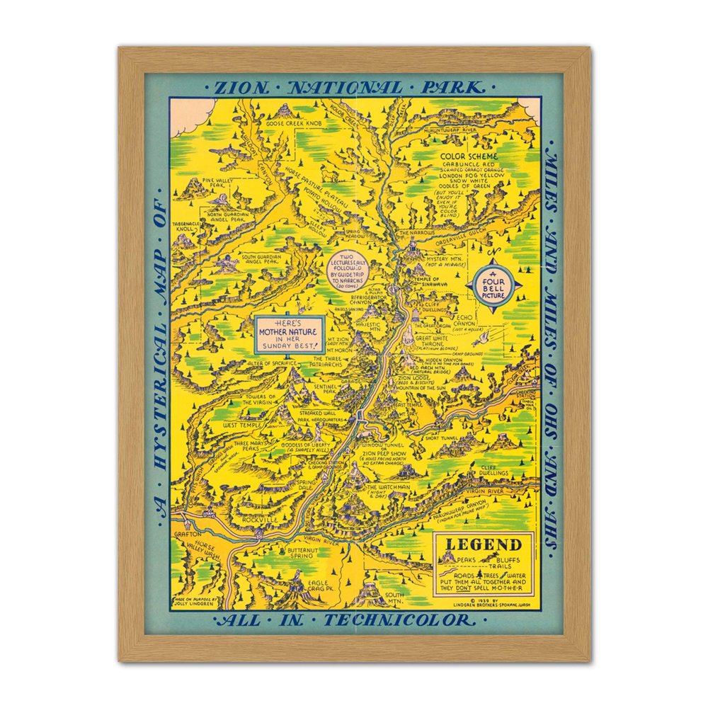 Artery8 Map Lindgren 1939 Zion National Park Artwork Framed Wall Art Print 18X24 Inch