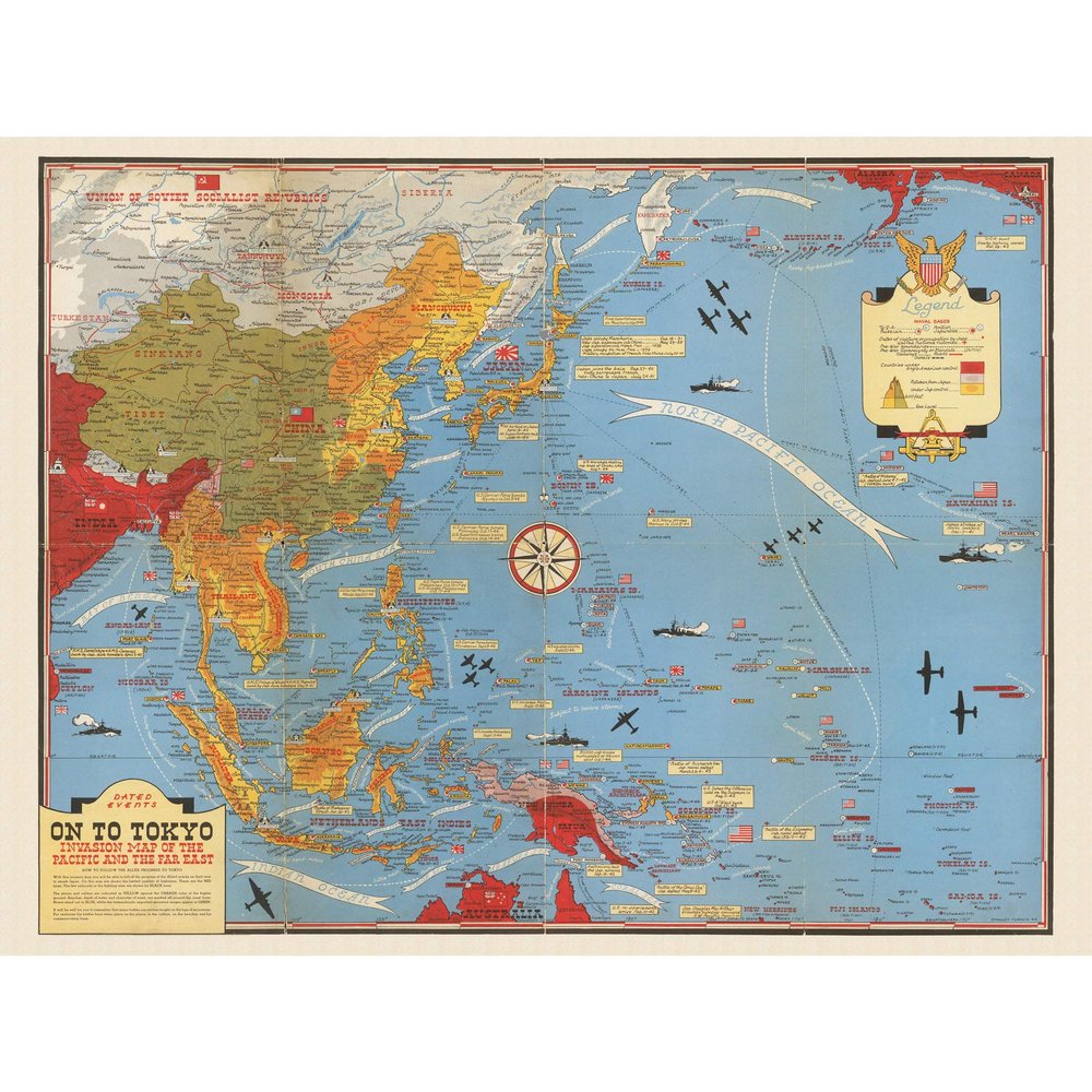 Artery8 Map Turner 1944 War WWII On To Tokyo Pacific Large XL Wall Art Canvas Print