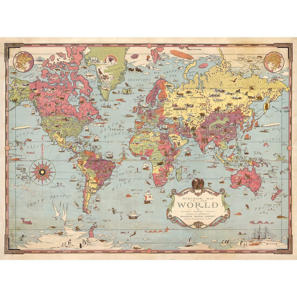 Artery8 Map Ernest Dudley Chase 1931 Mercator World Pictorial Large XL Wall Art Canvas Print