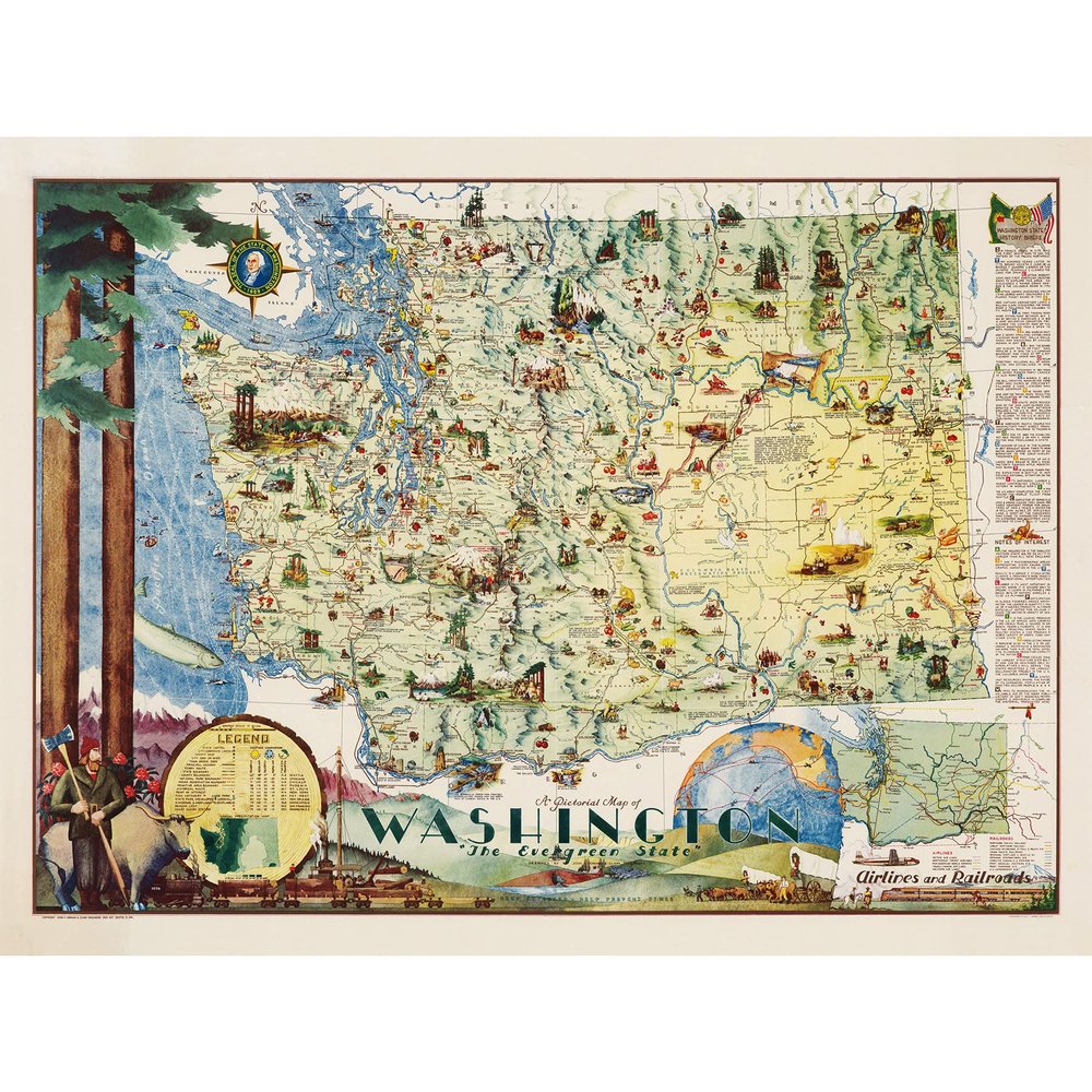Artery8 Map Herman 1948 Washington State Pictorial Extra Large XL Wall Art Poster Print