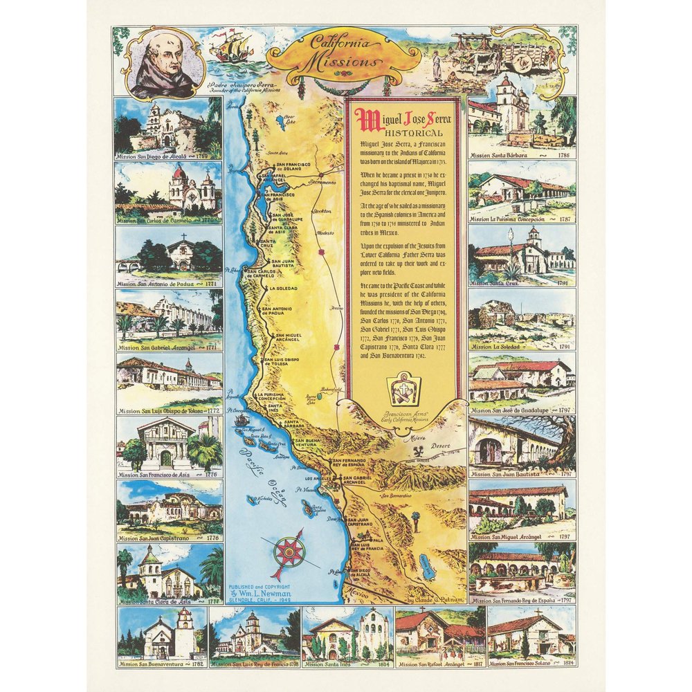 Artery8 Map Putnam 1949 California Missions History Extra Large XL Wall Art Poster Print