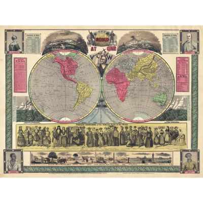 Artery8 Map Phelps 1852 World One View Statistical Large XL Wall Art Canvas Print