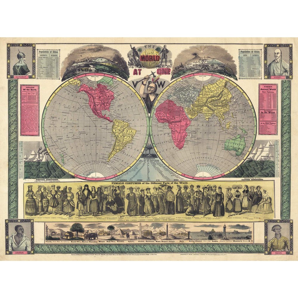 Artery8 Map Phelps 1852 World One View Statistical Large XL Wall Art Canvas Print