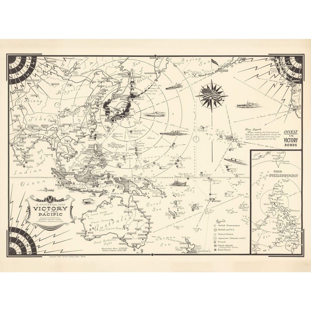 Artery8 Map Ernest Dudley Chase 1944 Pacific Victory Japan WWII Large XL Wall Art Canvas Print