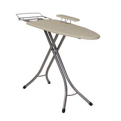 Household Essentials Wide Mega Ironing Board 4-Leg, Steel Top Pressing Station, Heat-Resistant Fiber Pad and Cotton Cover, Includes Sleeve Board and Iron Rest with Hanger Bar, Silver Frame