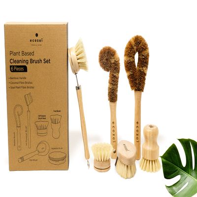 Ecozoi Bamboo Dish Brush Set, 6 Piece for Vegetable, and Kitchen Dish Cleaning, Sisal & Coconut Fibers with Bamboo Handles, Kitchen Brushes for Dishes, Pots, Pans