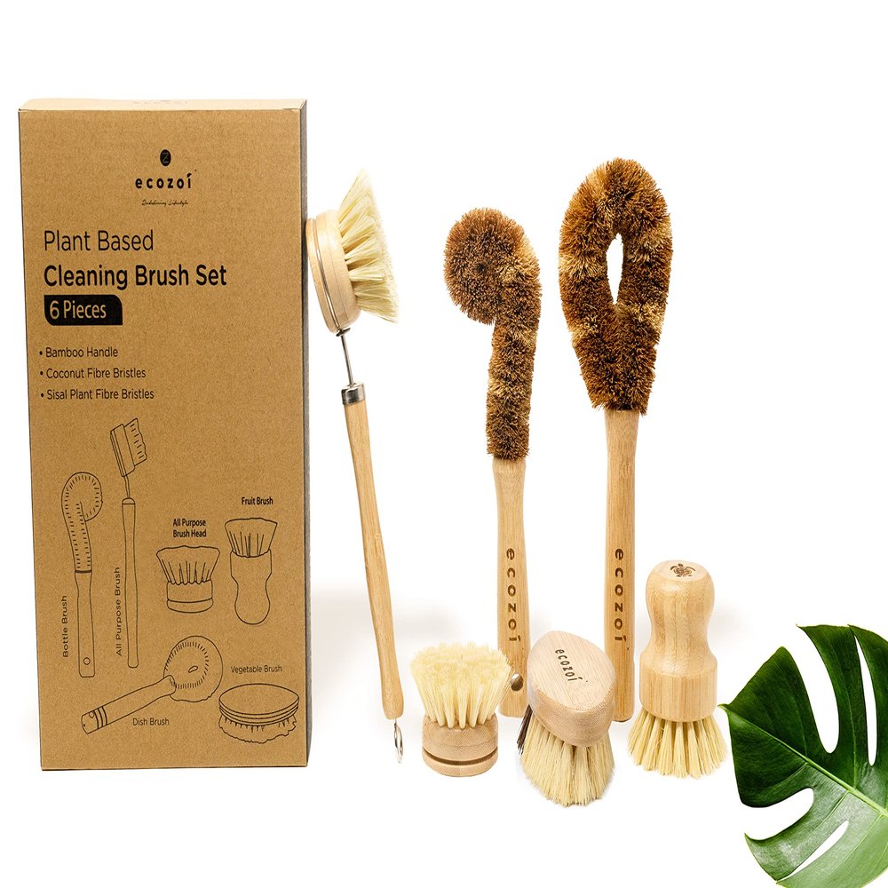 Ecozoi Bamboo Dish Brush Set, 6 Piece for Vegetable, and Kitchen Dish Cleaning, Sisal & Coconut Fibers with Bamboo Handles, Kitchen Brushes for Dishes, Pots, Pans