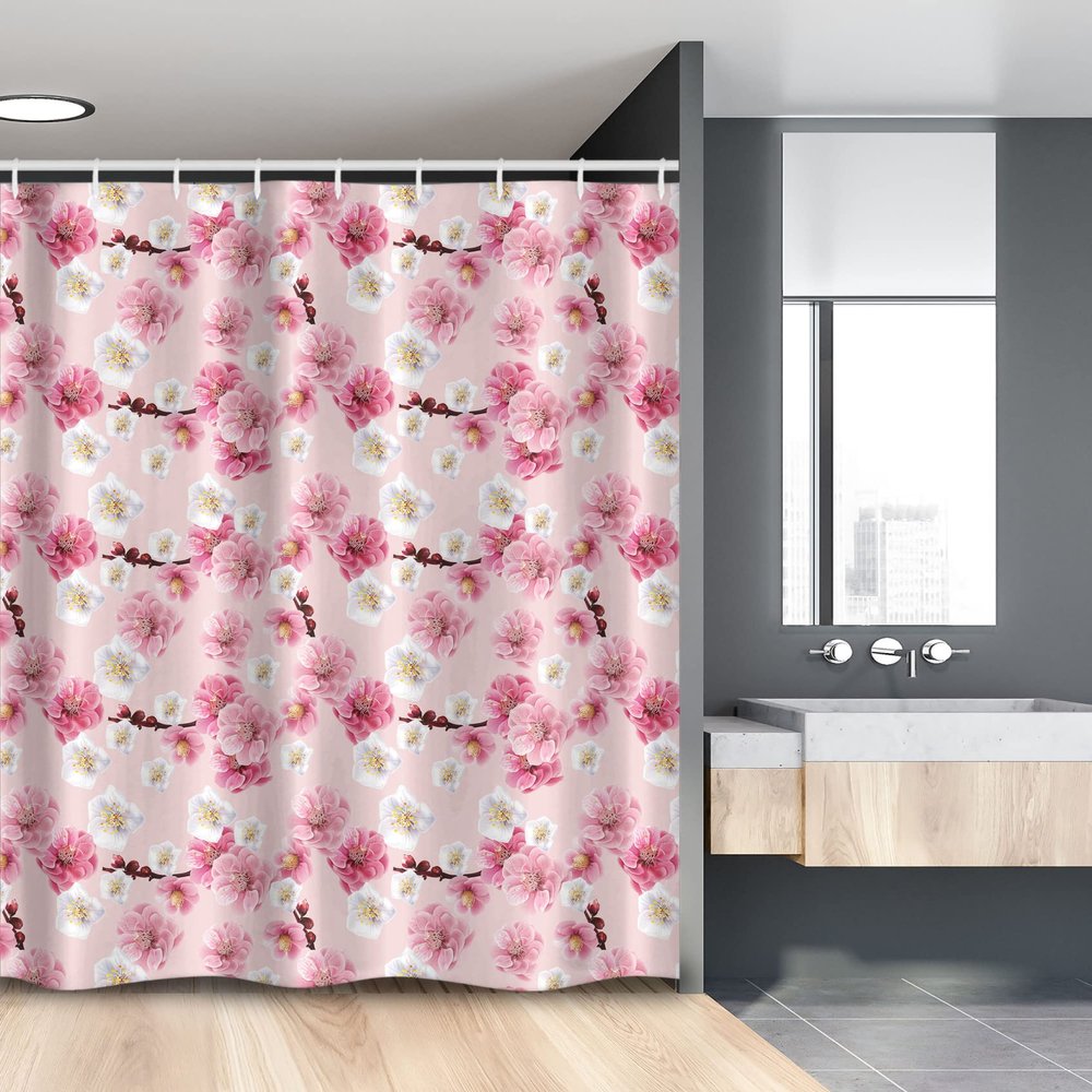 Ambesonne Floral Stall Shower Curtain, Chinese Plum Patterns Spring Blossoms Motifs with Buds Natural Art, Fabric Bathroom Decor Set with Hooks, 54" W x 78", Pale Pink Pastel Pink