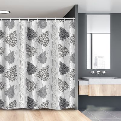 Ambesonne Geometric Stall Shower Curtain, Monochrome Style Floral Elements and Curly Stripes on Background, Fabric Bathroom Decor Set with Hooks, 54" W x 78" L, Pale Grey Charcoal Grey