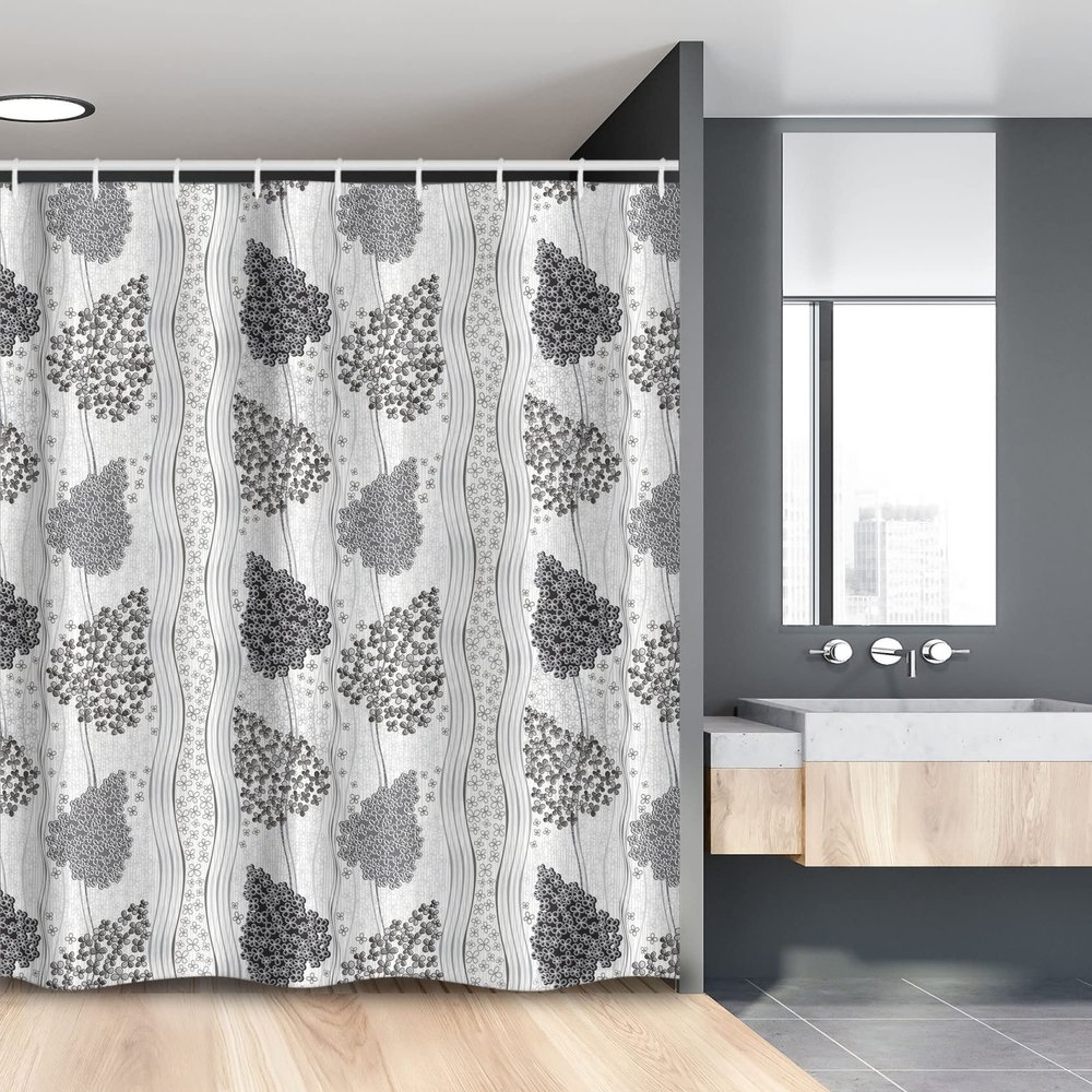 Ambesonne Geometric Stall Shower Curtain, Monochrome Style Floral Elements and Curly Stripes on Background, Fabric Bathroom Decor Set with Hooks, 54" W x 78" L, Pale Grey Charcoal Grey