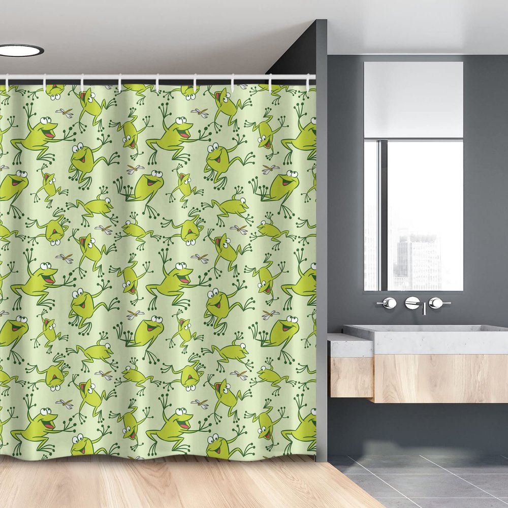 Ambesonne Cartoon Stall Shower Curtain, Childish Style Dragonflies and Frogs Smiling Funny Repetition, Fabric Bathroom Decor Set with Hooks, 54" W x 78" L, Pale Green Apple Green