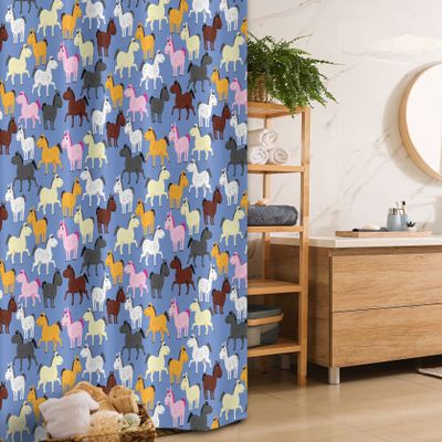 Ambesonne Cartoon Stall Shower Curtain, Colorful Funny Horses Pony Zoo Animals Unicorn Theme Art, Fabric Bathroom Decor Set with Hooks, 36" W x 72" L, Ceil Blue Multicolor