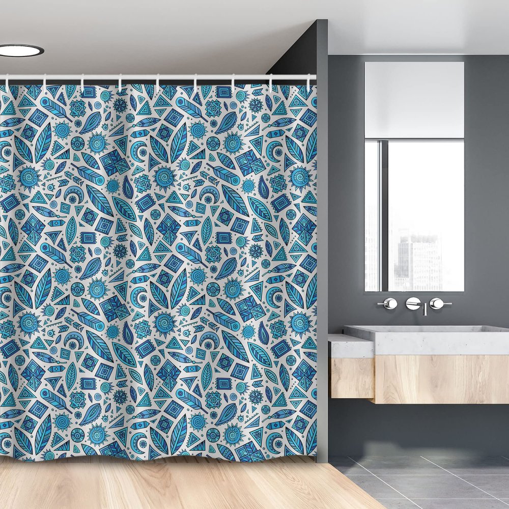 Ambesonne Ethnic Stall Shower Curtain, Tribal Bohemian Pattern with Various Folk Motifs Feathers Triangles Suns, Fabric Bathroom Decor Set with Hooks, 54" W x 78" L, Pale Grey Azure Blue