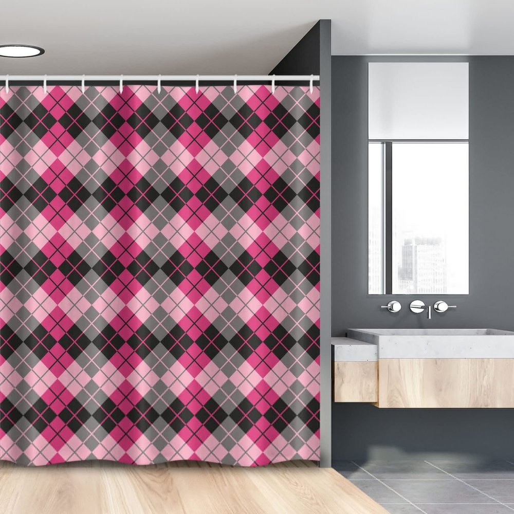 Ambesonne Geometric Stall Shower Curtain, Traditional Retro Scottish Argyle Pattern of Elements in Pink and Grey Tones, Fabric Bathroom Decor Set with Hooks, 54" W x 78" L, Multicolor