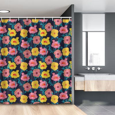 Ambesonne Floral Stall Shower Curtain, Wild Meadow Flowers with Dusty Pink and Yellow Tones in Continuous Pattern, Fabric Bathroom Decor Set with Hooks, 54" W x 78" L, Dark Blue Multicolor