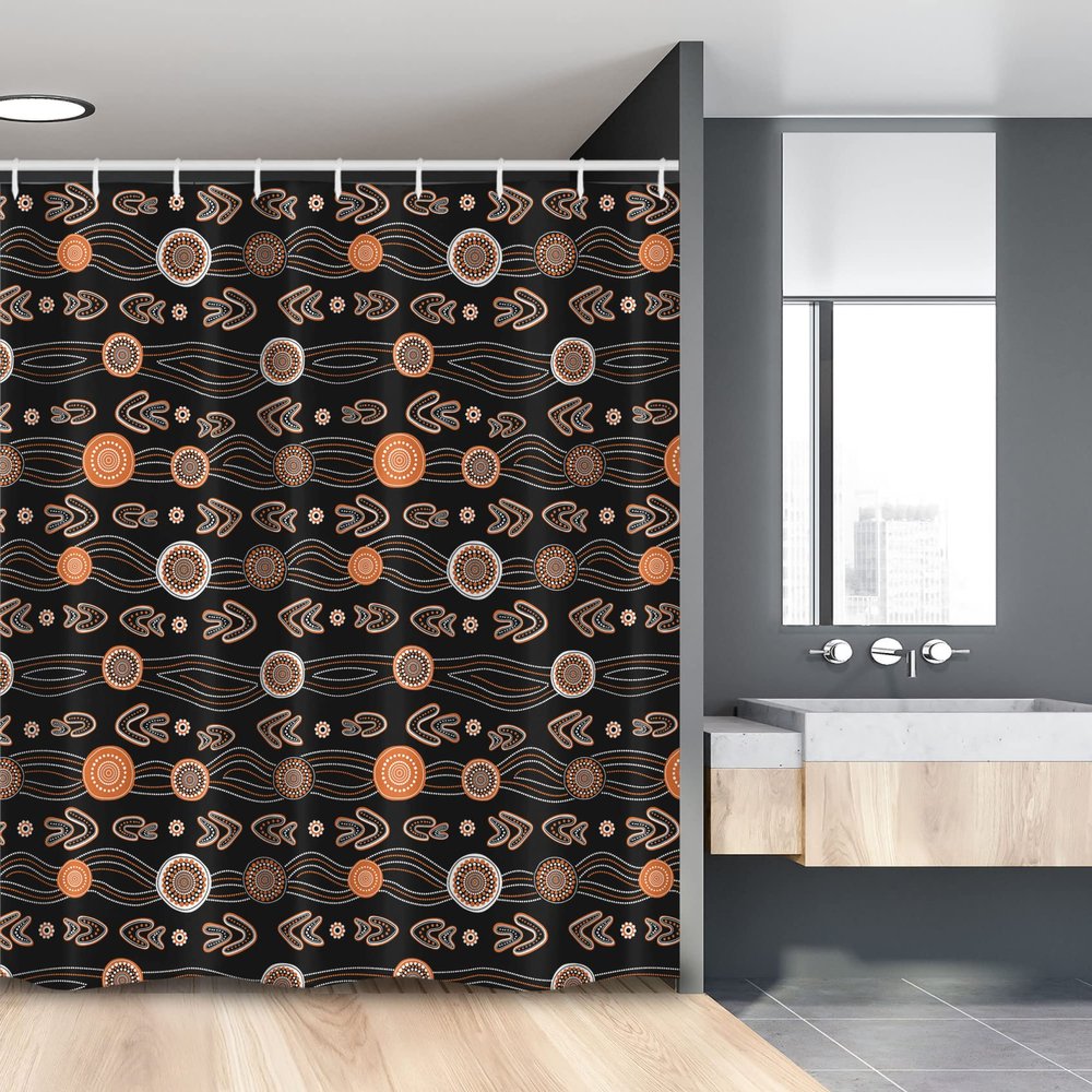 Ambesonne Tribal Stall Shower Curtain, Aboriginal Art in Funky Ethnic Tones Dotted Circle Round Boomerangs, Fabric Bathroom Decor Set with Hooks, 54" W x 78" L, Orange and Charcoal Grey