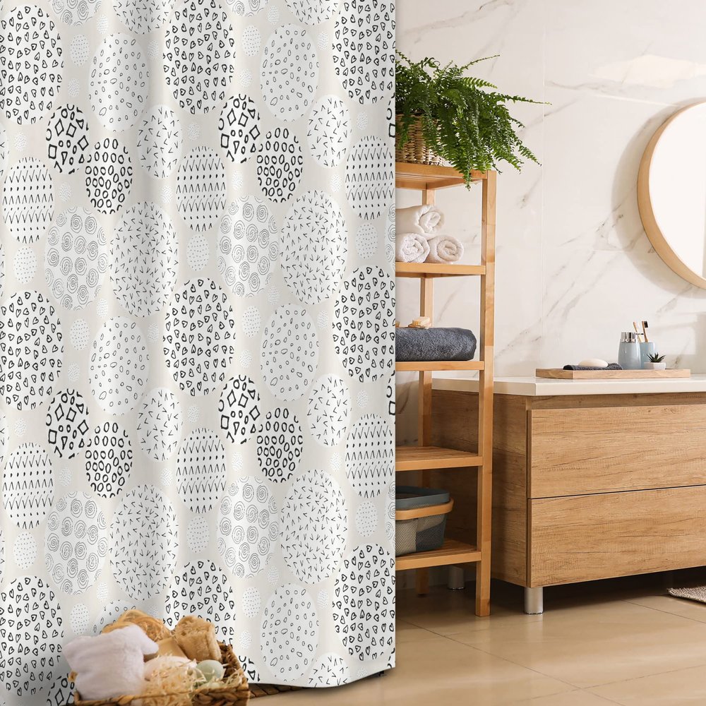 Ambesonne Geometric Stall Shower Curtain, Abstract Circles Inner Hearts Zigzags Ovals Spirals Neutral Design, Fabric Bathroom Decor Set with Hooks, 36" W x 72" L, Charcoal Grey Eggshell