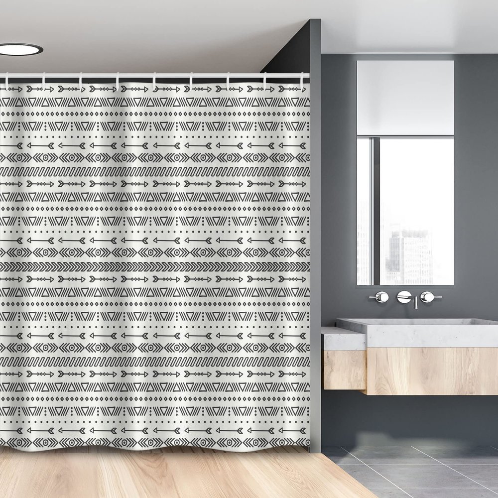 Ambesonne Geometric Stall Shower Curtain, Hand Drawn Inspired Monochrome with Various Elements, Fabric Bathroom Decor Set with Hooks, 54" W x 78" L, Charcoal Grey White