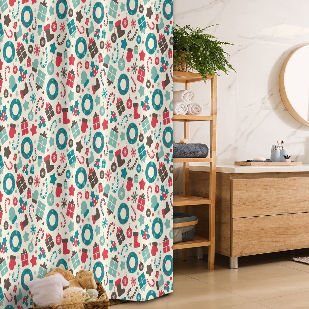Ambesonne Christmas Stall Shower Curtain, Retro Style Traditional New Year Party Holly Wreath Socks, Fabric Bathroom Decor Set with Hooks, 36" W x 72" L, Dark Brown Dark Coral