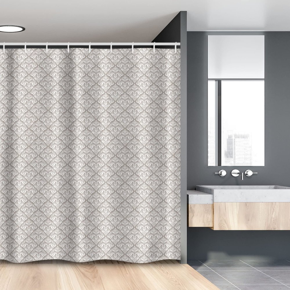 Ambesonne Damask Stall Shower Curtain, Tile with Oriental Design Elements Revival Swirled Leaf Motif, Fabric Bathroom Decor Set with Hooks, 54" W x 78" L, Taupe White