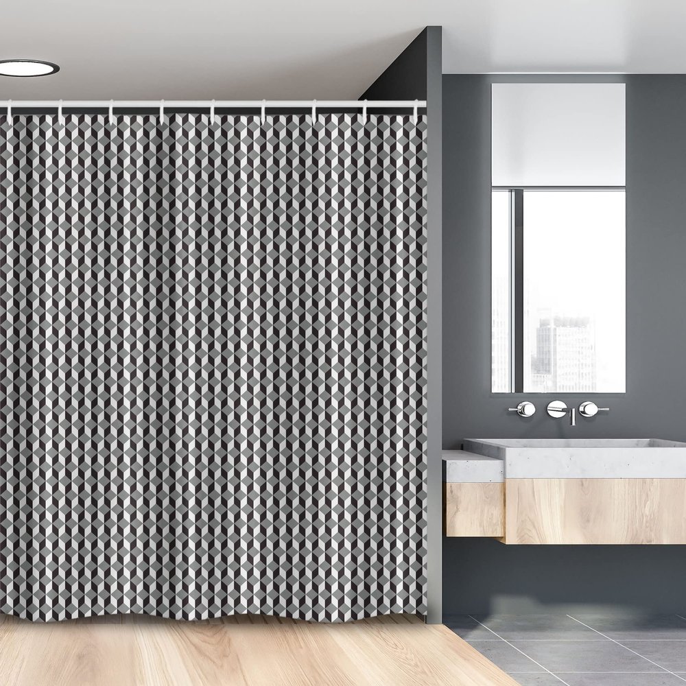 Ambesonne Geometric Stall Shower Curtain, Herringbone Zigzags Stacked Cubes Pattern Greyscale Illustration, Fabric Bathroom Decor Set with Hooks, 54" W x 78" L, Black Grey and Pale Grey