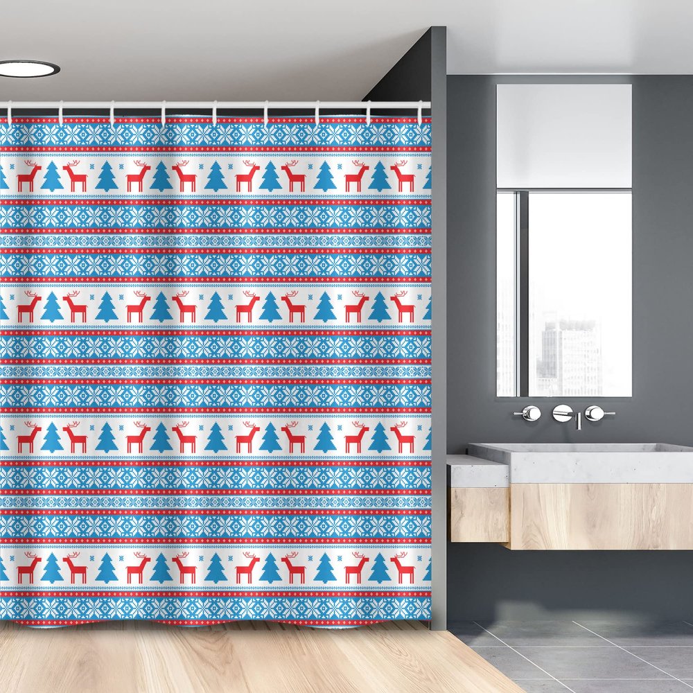 Ambesonne Christmas Stall Shower Curtain, Traditional Folkloric Knit Style Image Holiday Seasonal Design Celebration Theme, Fabric Bathroom Decor Set with Hooks, 54" W x 78" L, Red Blue