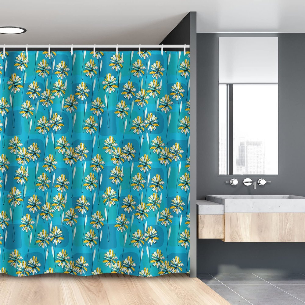 Ambesonne Floral Stall Shower Curtain, Modern Design Sketchy Garden Daisy Like Flowers Leaves with Abstract Art, Fabric Bathroom Decor Set with Hooks, 54" W x 78" L, Blue Yellow and White