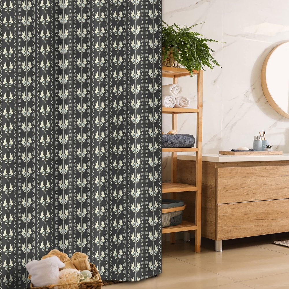 Ambesonne Floral Stall Shower Curtain, Pale Blue Spring Flowers with Leaves on Branches Vertical Wavy Pattern, Fabric Bathroom Decor Set with Hooks, 36" W x 72" L, Black Pale Blue Cream