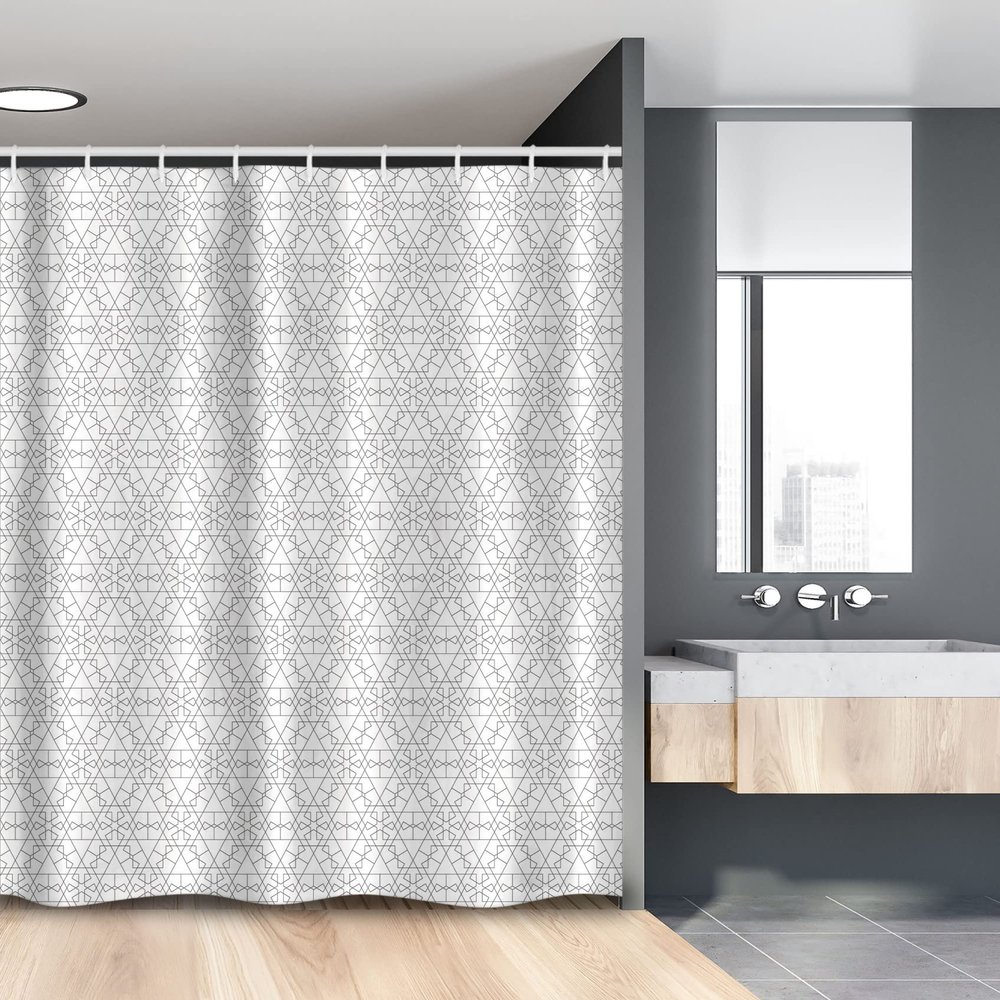Ambesonne Geometric Stall Shower Curtain, Continuous Pattern with Abstract Concave Shapes and Triangles Print, Fabric Bathroom Decor Set with Hooks, 54" W x 78" L, Charcoal Grey and White