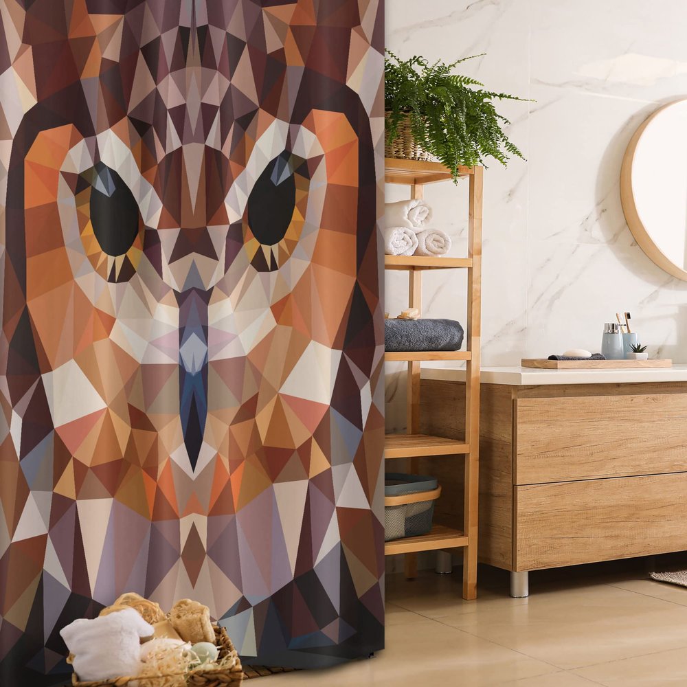 Ambesonne Geometric Stall Shower Curtain, Mosaic Owl Head in Linked Angled Triangle Forms Retro Style Funk Boho Design, Fabric Bathroom Decor Set with Hooks, 36" W x 72" L, Orange Brown