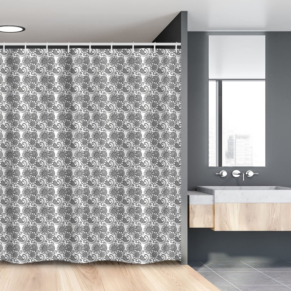 Ambesonne Floral Stall Shower Curtain, Flower Pattern with Ornamental Traditional Effects Oriental Style Asian, Fabric Bathroom Decor Set with Hooks, 54" W x 78" L, Charcoal Grey and White