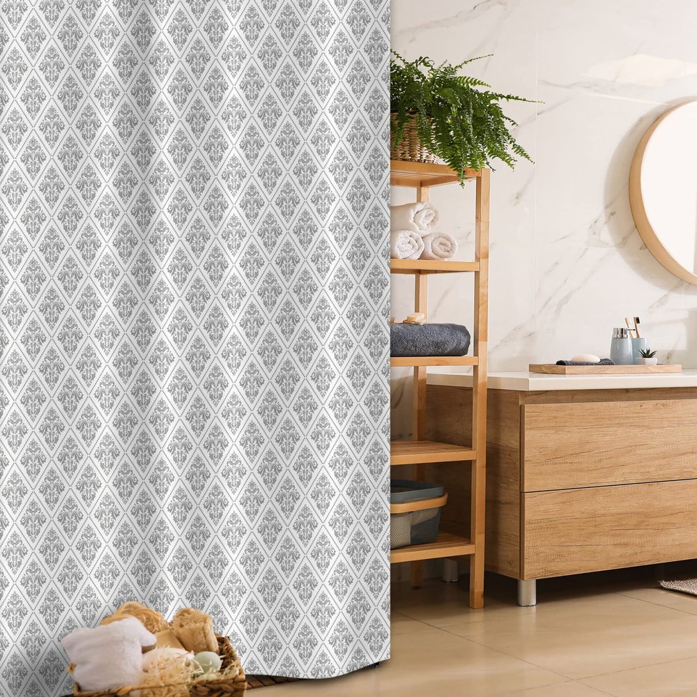 Ambesonne Damask Stall Shower Curtain, Oriental Repetitive Leaves Ornaments Classical Plain Pattern Illustration, Fabric Bathroom Decor Set with Hooks, 36" W x 72" L, Taupe Grey and White