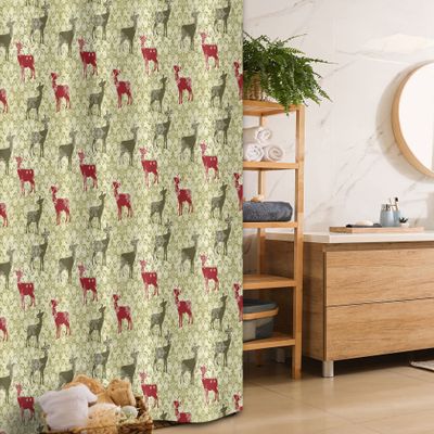 Ambesonne Christmas Stall Shower Curtain, Antique Rococo Damask Vintage Falling Snowflakes and Deer, Fabric Bathroom Decor Set with Hooks, 36" W x 72" L, Dark Green Avocado Green