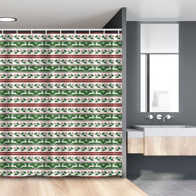 Ambesonne Christmas Stall Shower Curtain, Jumping Reindeers Border with Xmas Mistletoe Poinsettia Flower, Fabric Bathroom Decor Set with Hooks, 54" W x 78" L, Dark Green Burgundy