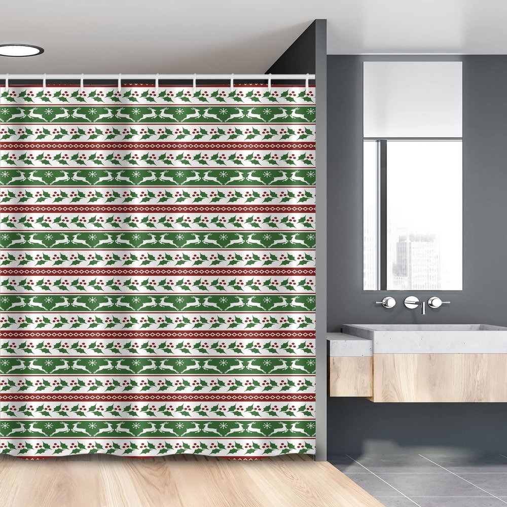 Ambesonne Christmas Stall Shower Curtain, Jumping Reindeers Border with Xmas Mistletoe Poinsettia Flower, Fabric Bathroom Decor Set with Hooks, 54" W x 78" L, Dark Green Burgundy