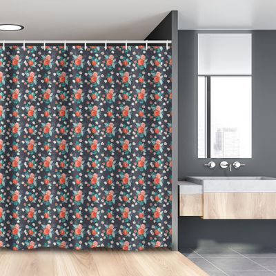 Ambesonne Floral Stall Shower Curtain, Composition of Repeating Roses and Tiny Flowers Spring Season Layout, Fabric Bathroom Decor Set with Hooks, 54" W x 78" L, Dark Indigo and Multicolor