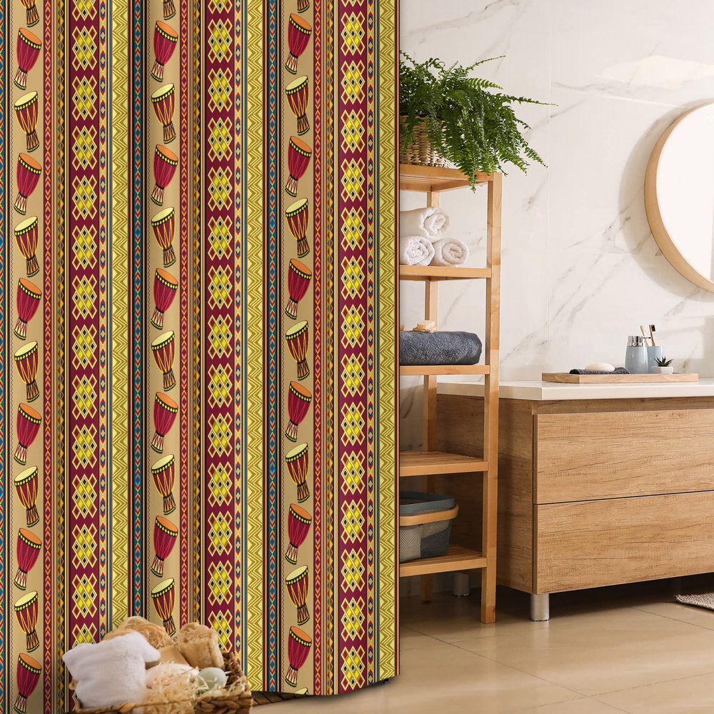 Ambesonne Ethnic Stall Shower Curtain, Pattern with Abstract Folk and Drum Traditional Design, Fabric Bathroom Decor Set with Hooks, 36" W x 72" L, Multicolor