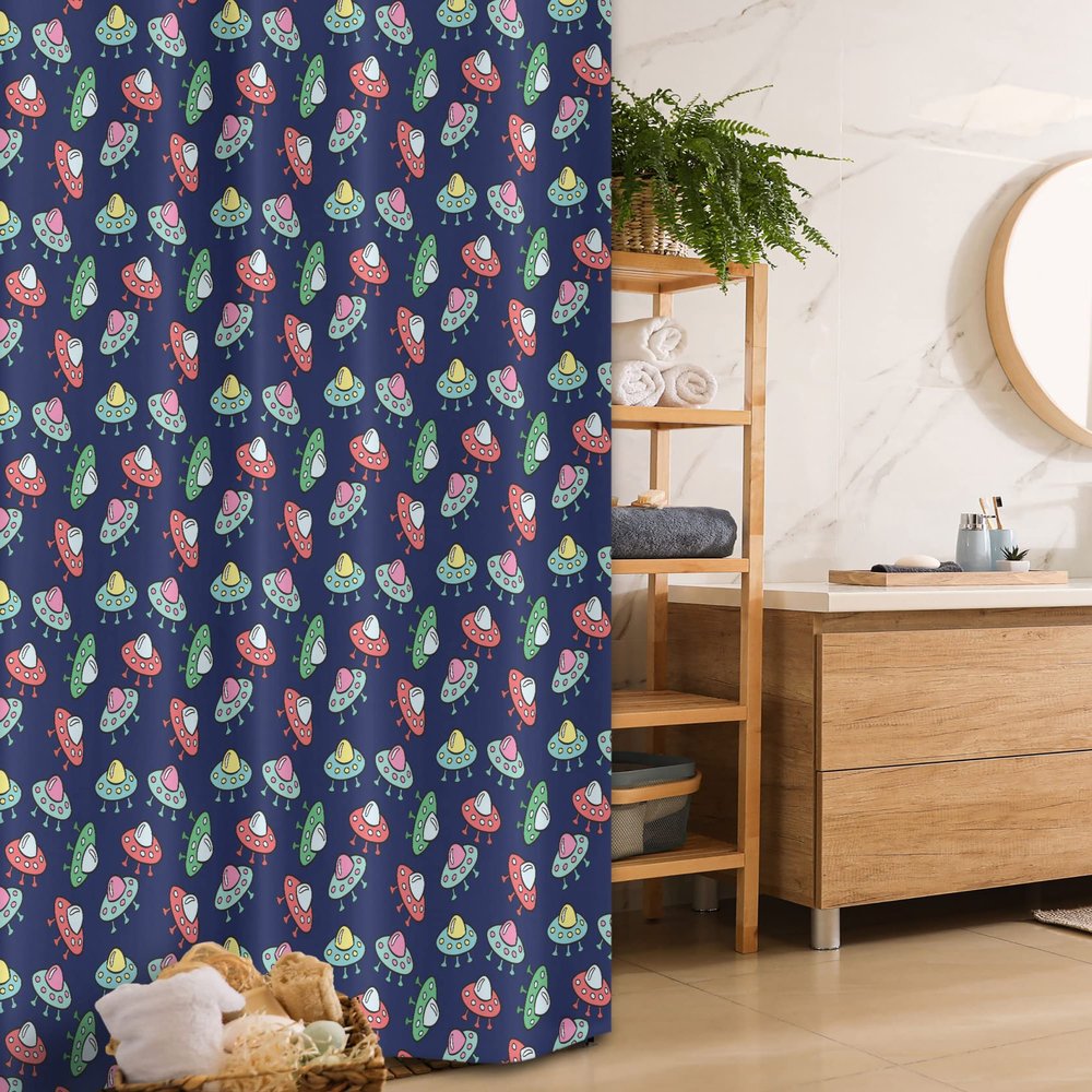 Ambesonne Galaxy Stall Shower Curtain, Rhythmic Flying Saucers UFO Machines Cartoon, Fabric Bathroom Decor Set with Hooks, 36" W x 72" L, Navy Blue Multicolor
