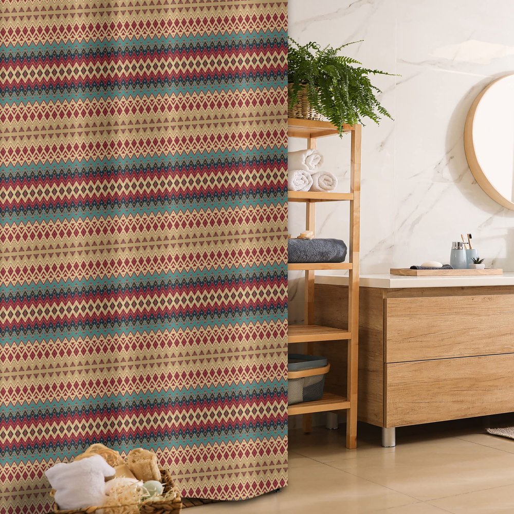 Ambesonne Ethnic Stall Shower Curtain, Seamless Pattern with Motifs Horizontal Stripes, Fabric Bathroom Decor Set with Hooks, 36" W x 72" L, Turquoise Burgundy