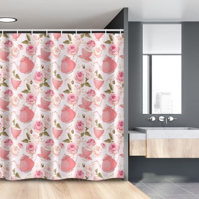 Ambesonne Floral Stall Shower Curtain, Vintage Style Tea Cups with Roses Romantic Shabby Form Design Print, Fabric Bathroom Decor Set with Hooks, 54" W x 78" L, Fern Green Pale Pink